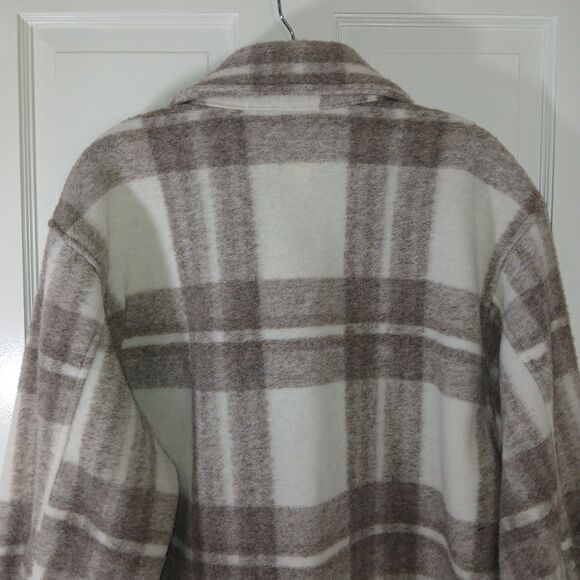 H&M Woven Flannel Button Front Shacket Sz M White Beige Plaid Pockets Oversized - Picture 6 of 14